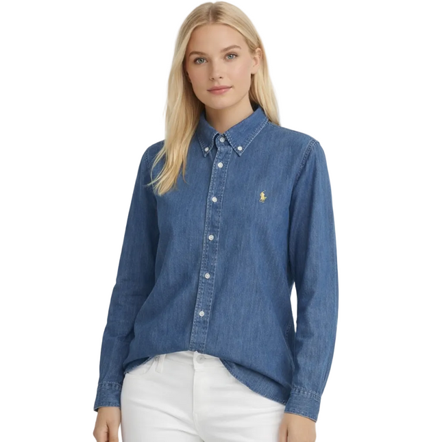 Vintage-inspirert denimskjorte med krystallbroderi – amerikansk look, avslappet passform