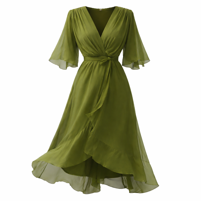 Bohemsk Maxikjole med V-hals – Løs Passform, Uregelmessig Skjørt og Knyting i Midjen