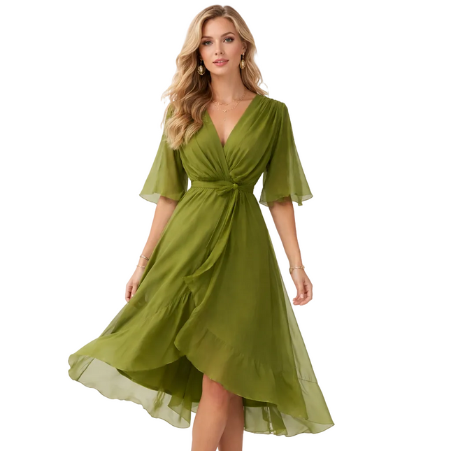 Bohemsk Maxikjole med V-hals – Løs Passform, Uregelmessig Skjørt og Knyting i Midjen