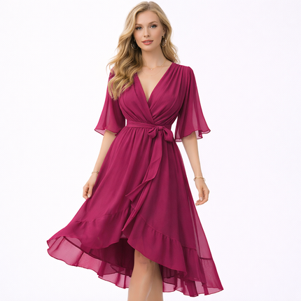 Bohemsk Maxikjole med V-hals – Løs Passform, Uregelmessig Skjørt og Knyting i Midjen