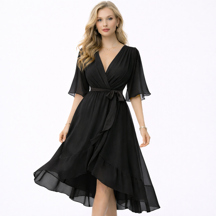 Bohemsk Maxikjole med V-hals – Løs Passform, Uregelmessig Skjørt og Knyting i Midjen