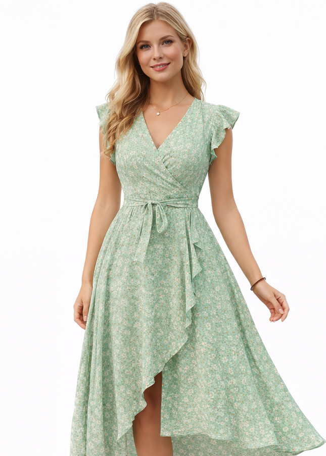Bohemsk Maxikjole med V-hals – Elegant Kortermet Sommerkjole med Stroppe-detaljer (Ferie & Fest)