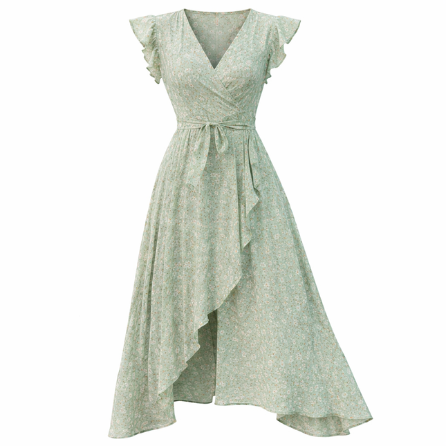 Bohemsk Maxikjole med V-hals – Elegant Kortermet Sommerkjole med Stroppe-detaljer (Ferie & Fest)