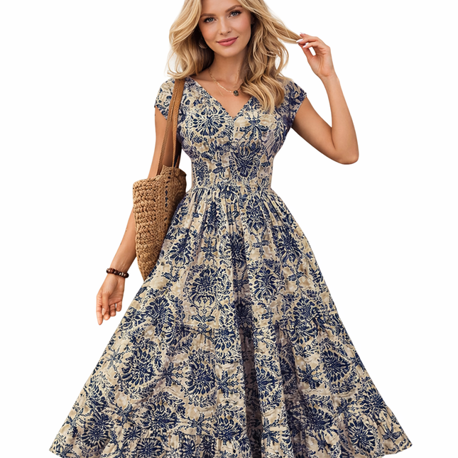 Retro Sommerkjole med Print – Elegant V-hals & Korte Ermer (Komfortabel Hverdagskjole)