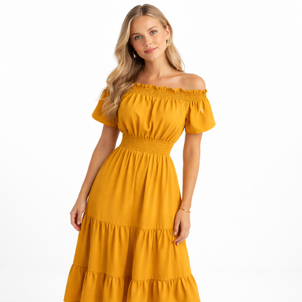 Ensfarvet Boho Maxikjole med Båthals – Elegant Sommerkjole til Strand, Kontor & Fest