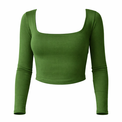 Dame Crop Top med Kvadratisk Utringning – Langermet, Slim Fit & Ensfarget | Streetwear Høst