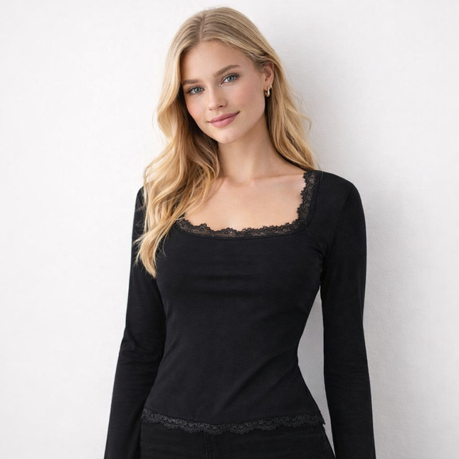 Trendy Kvadratisk Hals Topp med Blondekant – Langermet Slim Fit