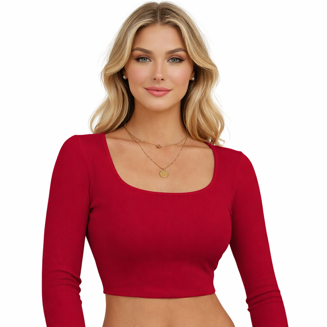 Cropped Langermet T-skjorte med Kvadratisk Hals – Trendy & Komfortabel