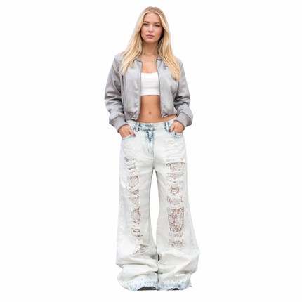 Lyseblå Ripped Jeans for Dame – Høyt Liv & Løs Passform | Vintage Straight Fit Denim i Y2K Street-stil