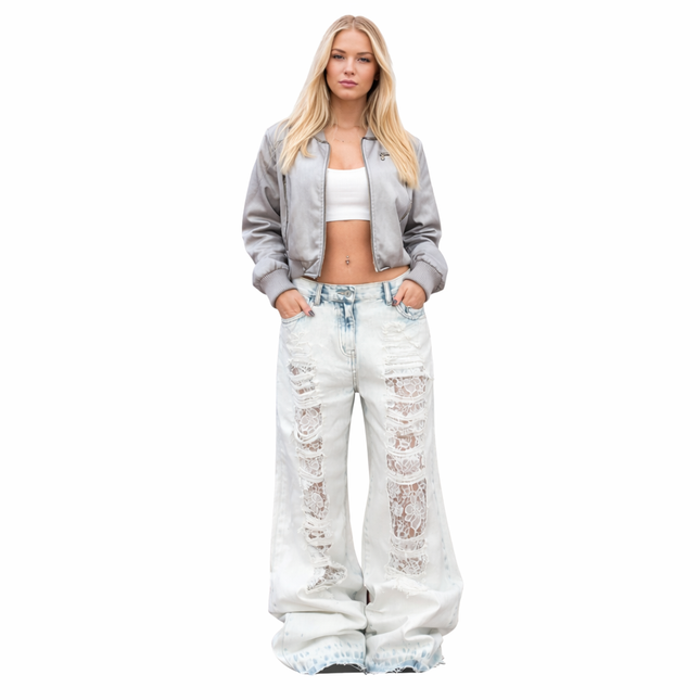 Lyseblå Ripped Jeans for Dame – Høyt Liv & Løs Passform | Vintage Straight Fit Denim i Y2K Street-stil