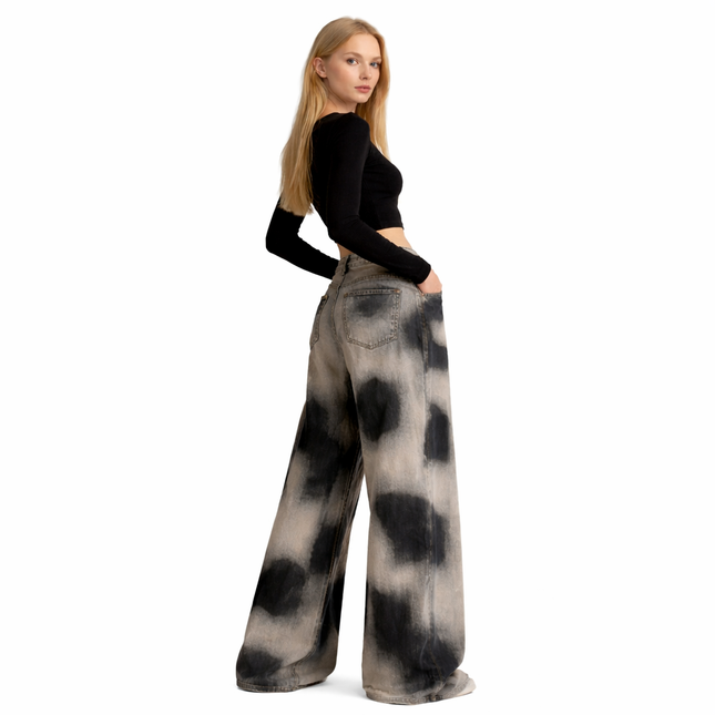 Vintage grå baggy jeans – Y2K tie-dye (dame)