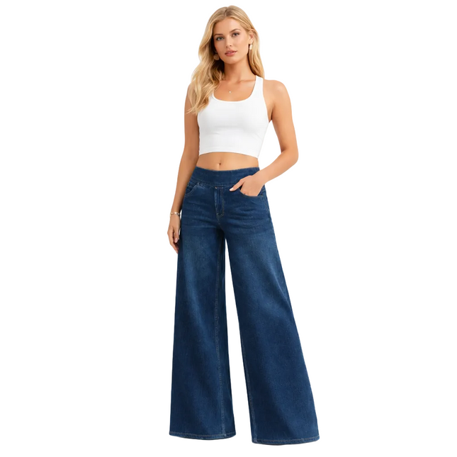 Dame Jeans med Vide Ben – Komfortable Bukser i Mørkeblå Denim