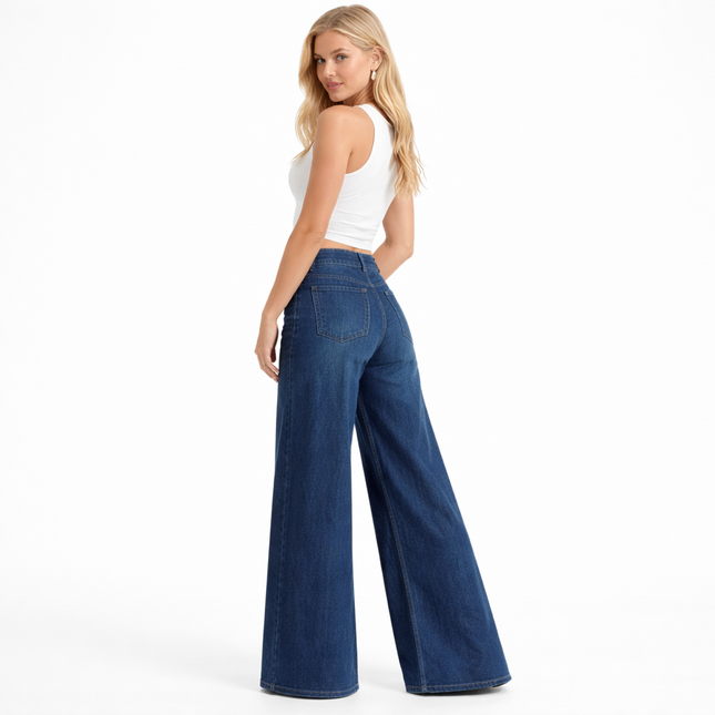 Dame Jeans med Vide Ben – Komfortable Bukser i Mørkeblå Denim