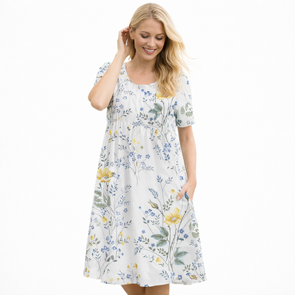 Elegant Sommerkjole med Vidt Skjørt – Rund Hals og Kort Erm med Blomsterprint (2024 Nyhet)