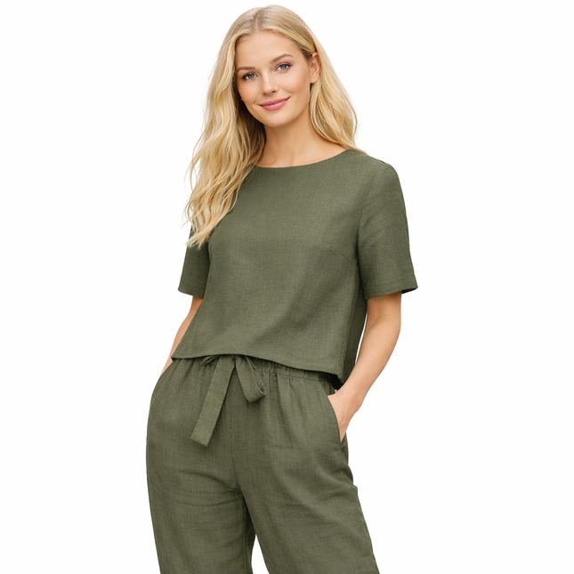 Luftig bomulls- og linsett for dame – sommersett med kortermet topp og vide bukser