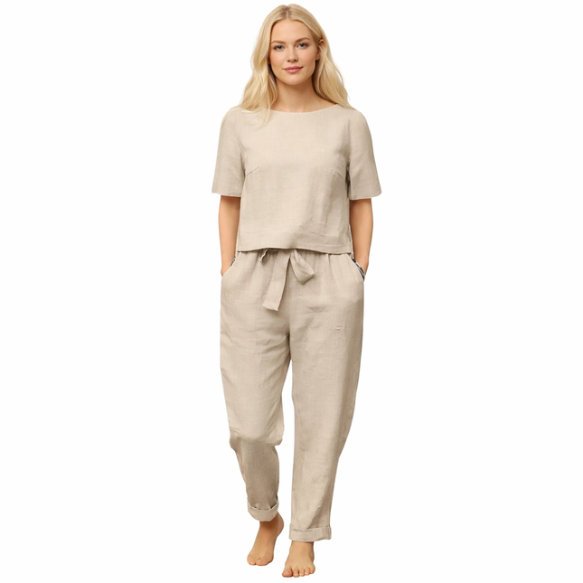 Luftig bomulls- og linsett for dame – sommersett med kortermet topp og vide bukser