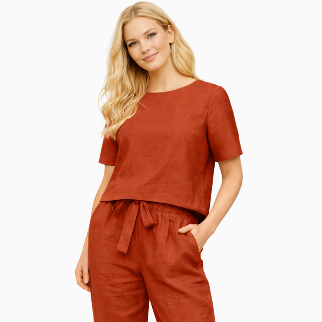 Luftig bomulls- og linsett for dame – sommersett med kortermet topp og vide bukser