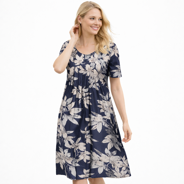 Elegant Sommerkjole med Vidt Skjørt – Rund Hals og Kort Erm med Blomsterprint (2024 Nyhet)