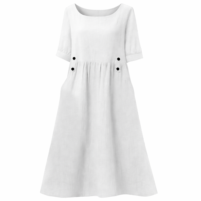 Boho Sommerkjole med Knapper og Lommer – Løs Midilengde Kjole med Korte Ermer