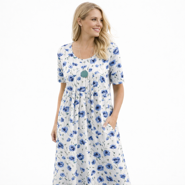 Elegant Sommerkjole med Vidt Skjørt – Rund Hals og Kort Erm med Blomsterprint (2024 Nyhet)