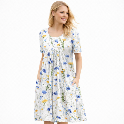 Elegant Sommerkjole med Vidt Skjørt – Rund Hals og Kort Erm med Blomsterprint (2024 Nyhet)
