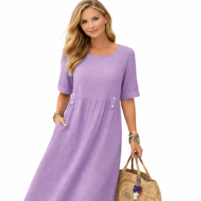 Boho Sommerkjole med Knapper og Lommer – Løs Midilengde Kjole med Korte Ermer