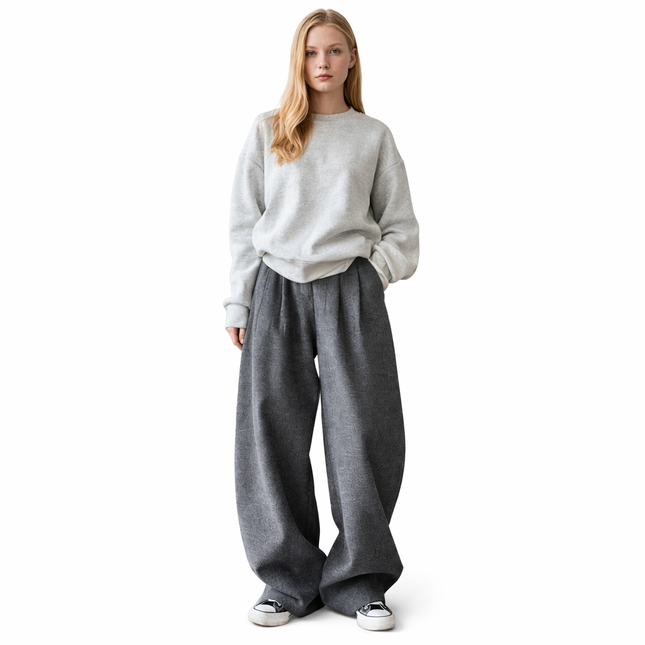 Vinterbukser for Kvinner i Ullblanding – Tykk, Høytlivsmodell med Vide Ben | Klassisk og Varm Bukse i Vintage Stil