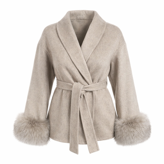 Elegant Ullkåpe med Revpelskrage for Kvinner – Kort, Dobbelsidig Kåpe i Ull | Luksuriøs Jakke til Høst og Vinter