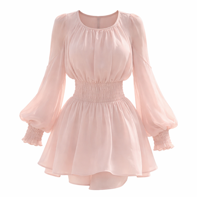 Elegant sommerkjole med puff-ermer – Off Shoulder mini-kjole i chiffon