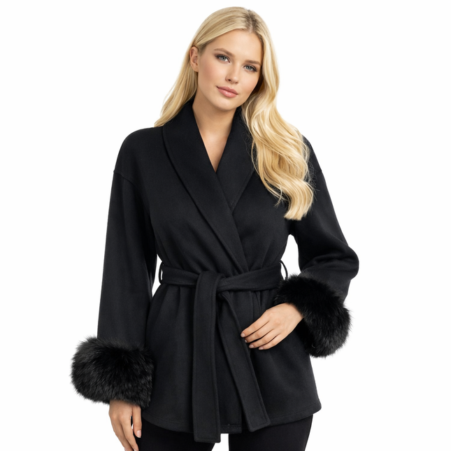 Elegant Ullkåpe med Revpelskrage for Kvinner – Kort, Dobbelsidig Kåpe i Ull | Luksuriøs Jakke til Høst og Vinter