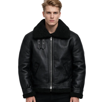 Herre Skinnjakke i Ekte Lammeskinn – Vinter Pilotjakke med Ullfôr | Klassisk Bomber med Naturlig Pelskrage