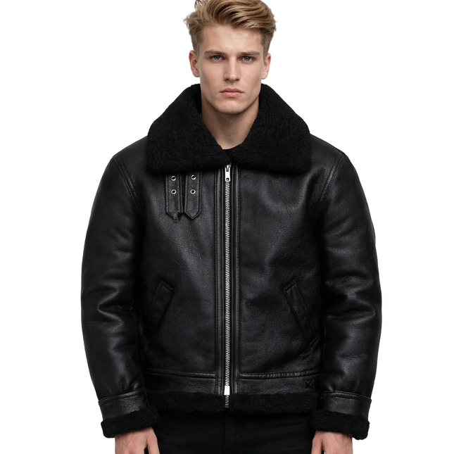 Herre Skinnjakke i Ekte Lammeskinn – Vinter Pilotjakke med Ullfôr | Klassisk Bomber med Naturlig Pelskrage