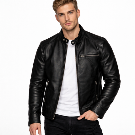 Eksklusiv Herre Skinnjakke i Ekte Kuskinn – Slim Fit Jakke med Ståkrage | Myk og Tidløs Lærjakke i Høy Kvalitet