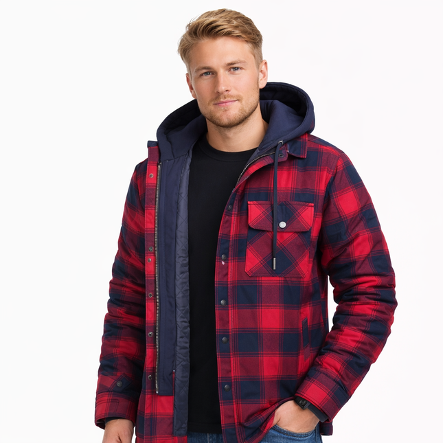 Vinter Skjortejakke for Menn med Avtakbar Hette – Tykk Rutete Flanell med Fleecefôr | Varm og Slitesterk Jakke til Kaldt Vær