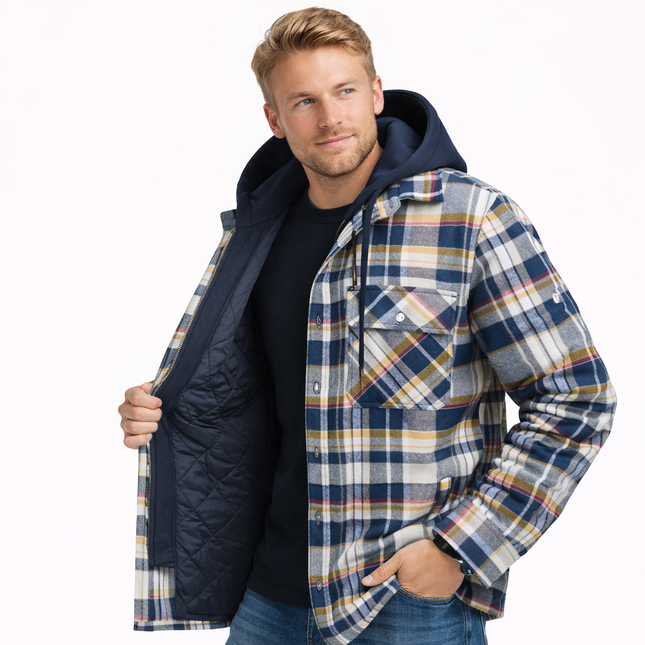 Vinter Skjortejakke for Menn med Avtakbar Hette – Tykk Rutete Flanell med Fleecefôr | Varm og Slitesterk Jakke til Kaldt Vær