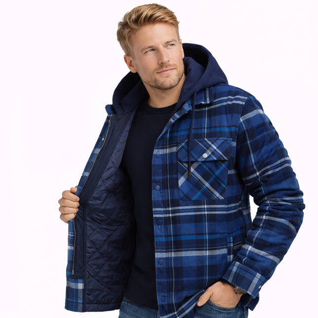 Vinter Skjortejakke for Menn med Avtakbar Hette – Tykk Rutete Flanell med Fleecefôr | Varm og Slitesterk Jakke til Kaldt Vær