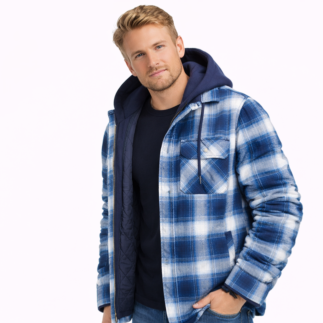 Vinter Skjortejakke for Menn med Avtakbar Hette – Tykk Rutete Flanell med Fleecefôr | Varm og Slitesterk Jakke til Kaldt Vær