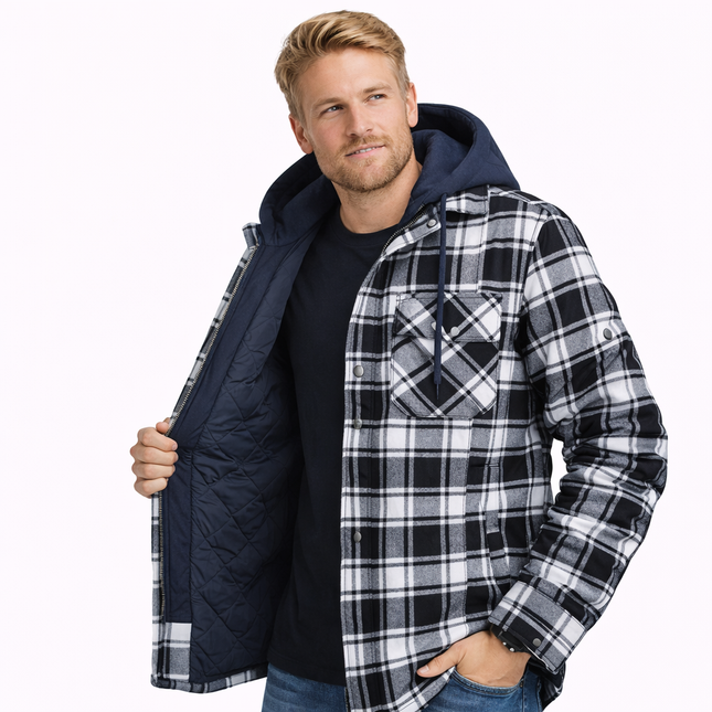 Vinter Skjortejakke for Menn med Avtakbar Hette – Tykk Rutete Flanell med Fleecefôr | Varm og Slitesterk Jakke til Kaldt Vær