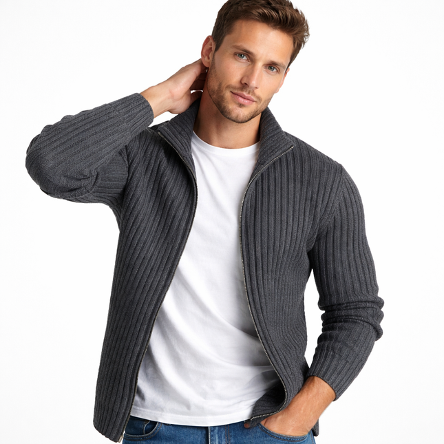 Strikket Herrecardigan med Glidelås – Slim Fit, Halvhøy Hals og Varm Komfort til Vår og Høst