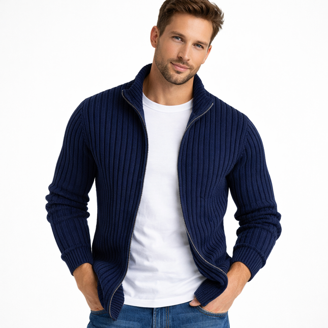 Strikket Herrecardigan med Glidelås – Slim Fit, Halvhøy Hals og Varm Komfort til Vår og Høst