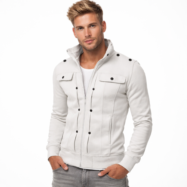 Stilren Herrejakke med Ståkrage – Lang Jakke med Glidelås og Knapper | Klassisk og Elegant til Vår og Høst