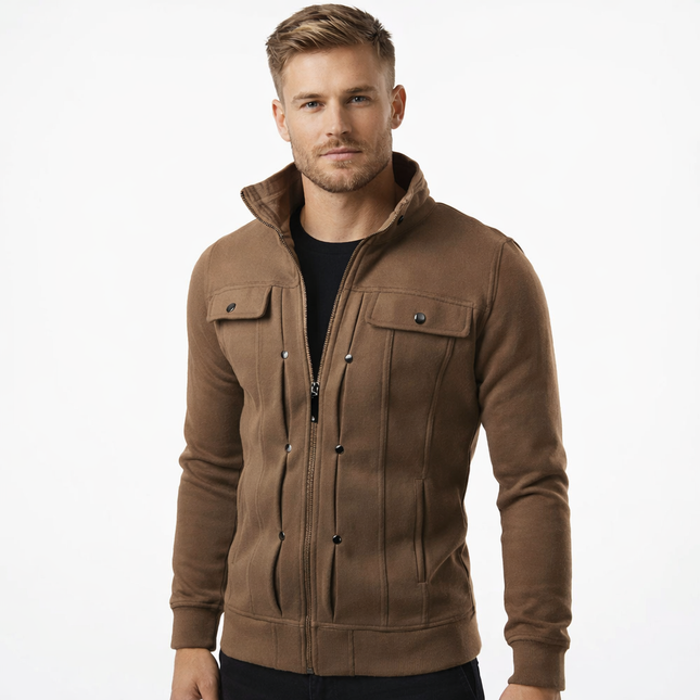 Stilren Herrejakke med Ståkrage – Lang Jakke med Glidelås og Knapper | Klassisk og Elegant til Vår og Høst