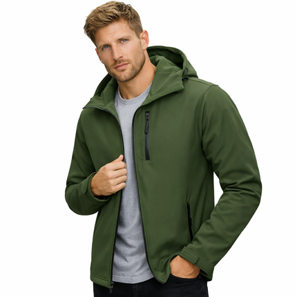 Softshell Jakke med Hette – Vanntett & Vindtett | Herrejakke med Fleecefôr til Friluft & Arbeid