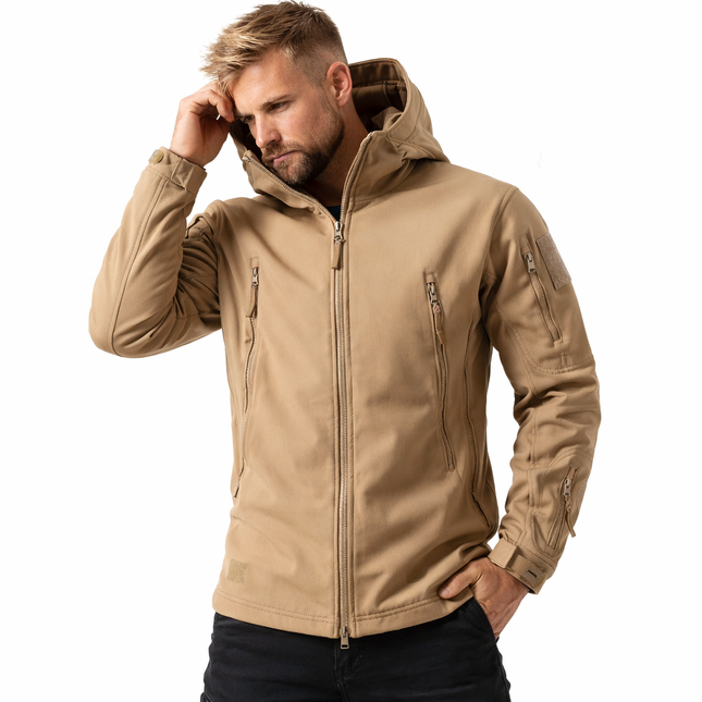 Vanntett Softshell Jakke for Menn – Varm og Vindtett Turjakke med Hette | Perfekt til Fiske, Jakt, Ski og Friluftsliv