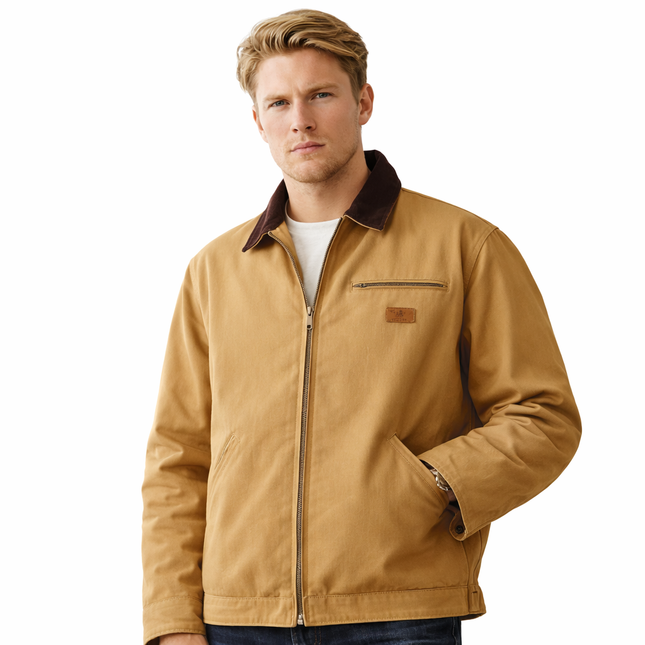 Retro Canvas Arbeidsjakke for Herre – Tungt Stoff med Glidelås & Lommer | Robust Detroit-inspirert Vår- og Høstjakke