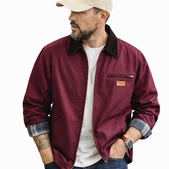 Retro Canvas Arbeidsjakke for Herre – Tungt Stoff med Glidelås & Lommer | Robust Detroit-inspirert Vår- og Høstjakke