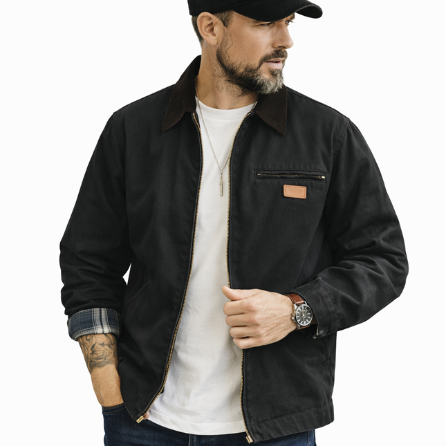 Retro Canvas Arbeidsjakke for Herre – Tungt Stoff med Glidelås & Lommer | Robust Detroit-inspirert Vår- og Høstjakke