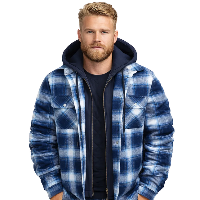 Varm Rutete Skjortejakke for Menn – Tykk Flanell med Quiltet Fôr og Avtakbar Hette | Robust Vinterjakke i Klassisk Stil