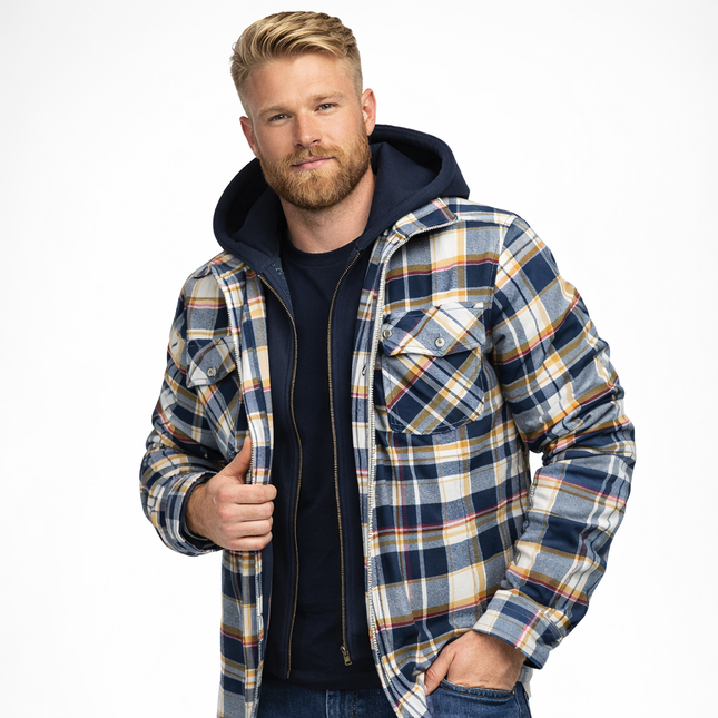 Varm Rutete Skjortejakke for Menn – Tykk Flanell med Quiltet Fôr og Avtakbar Hette | Robust Vinterjakke i Klassisk Stil