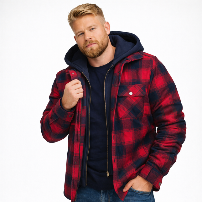 Varm Rutete Skjortejakke for Menn – Tykk Flanell med Quiltet Fôr og Avtakbar Hette | Robust Vinterjakke i Klassisk Stil